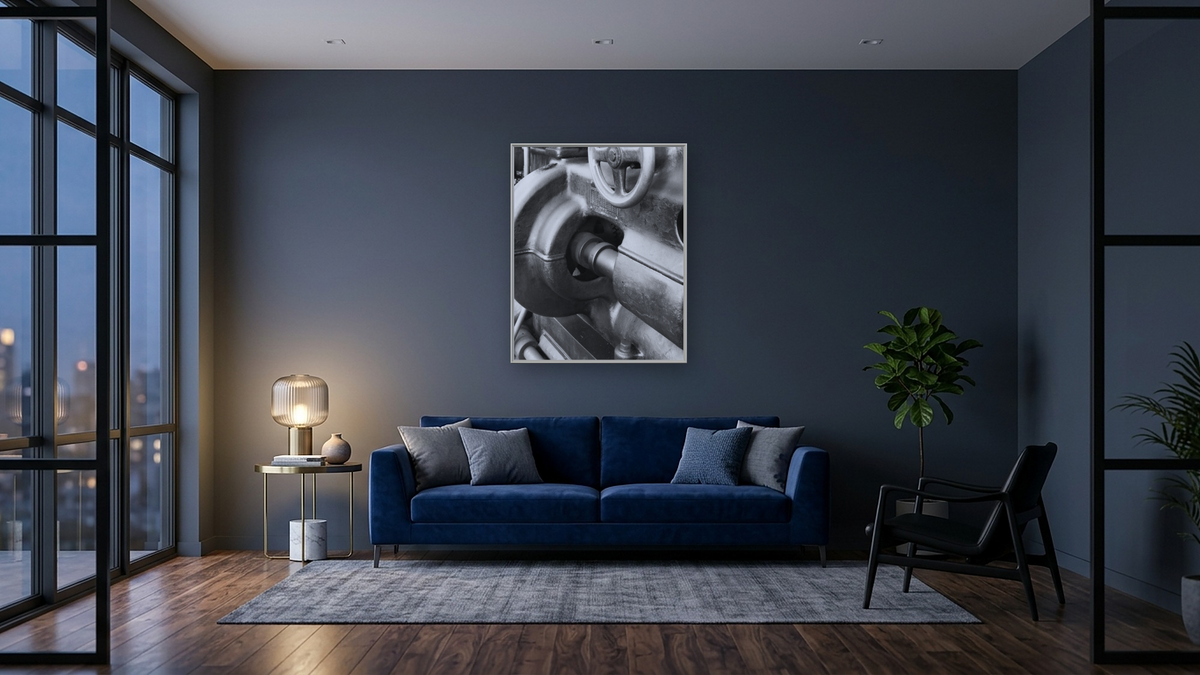 Lathe Detail by Gordon Osmundson, shown at 32 × 40 in (81.3 × 101.6 cm) on canvas in Ramino Opaque White, den