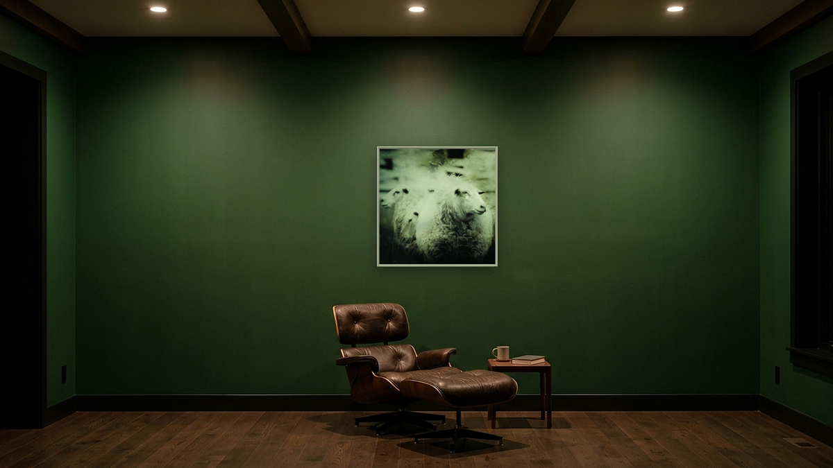 one sheep front by Brandon Luther, shown at 32 × 32 in (81.3 × 81.3 cm) on canvas in Ramino Opaque White, den