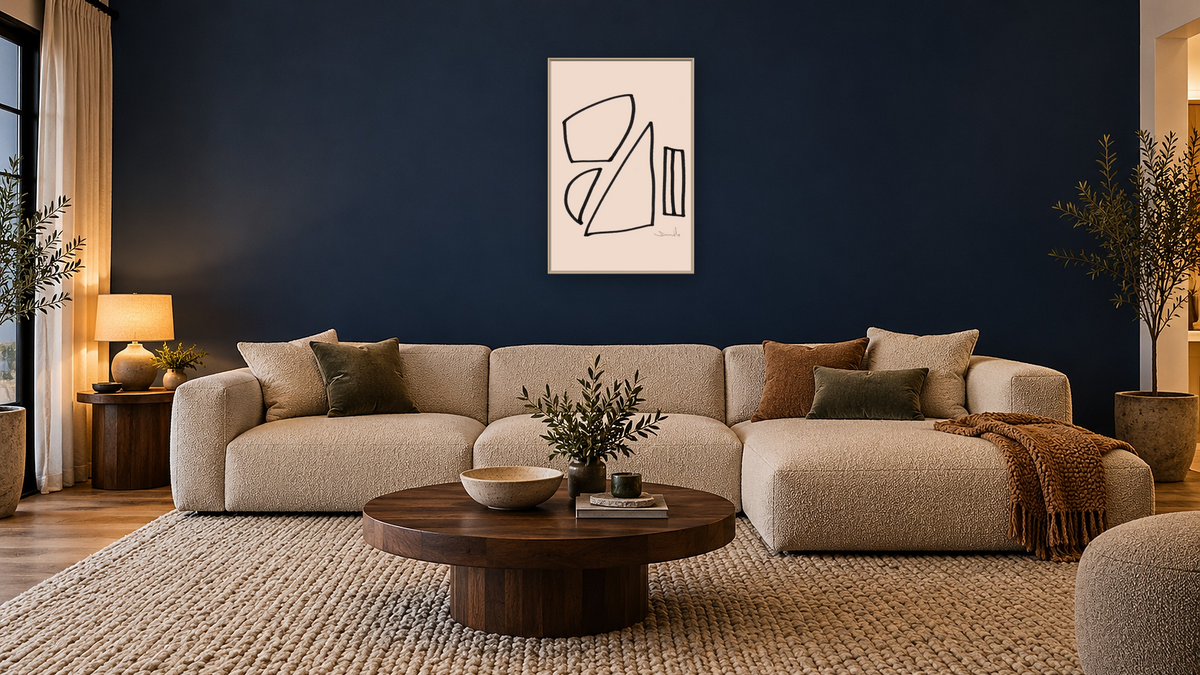 Fair 1 by Dan Hobday, shown at 28 × 42 in (71.1 × 106.7 cm) on canvas in Ramino Opaque White, media room