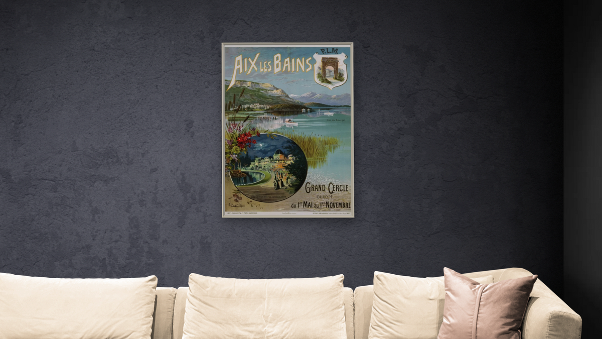 Aix Les Bains Poster by Hugo d'Alesi, shown at 28 × 42 in (71.1 × 106.7 cm) on canvas in Ramino Opaque White, living