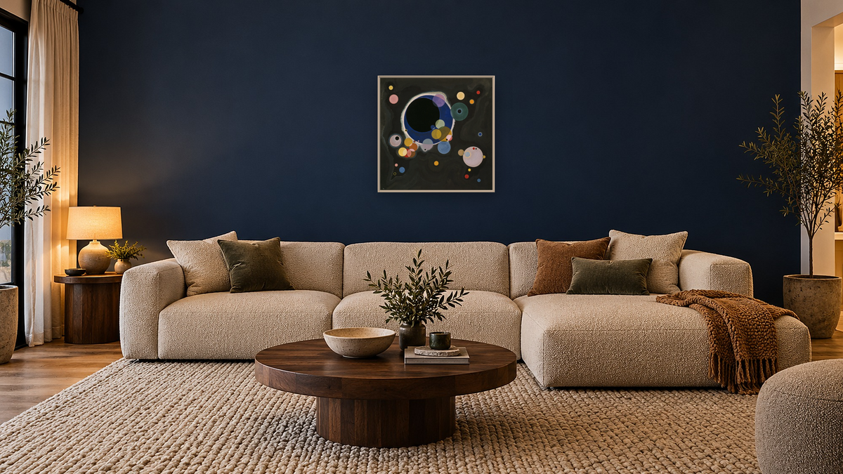 Several Circles (Einige Kreise), shown at 32 × 32 in (81.3 × 81.3 cm) on canvas in Ramino Opaque White, media room