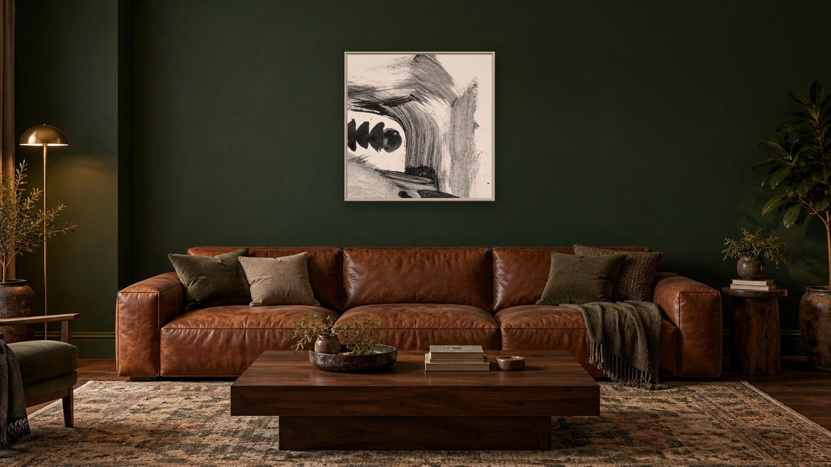 Black White Set 3 by Dan Hobday, shown at 32 × 32 in (81.3 × 81.3 cm) on canvas in Ramino Opaque White, den