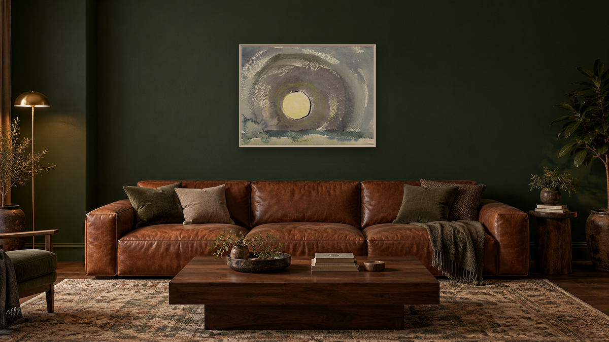 Sunrise by Arthur Dove, shown at 30 × 40 in (76.2 × 101.6 cm) on canvas in Ramino Opaque White, den