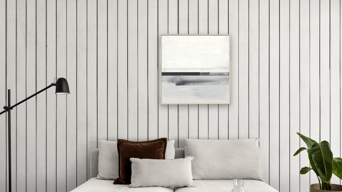 LS No. 218 by Brandon McKenzie, shown at 32 × 32 in (81.3 × 81.3 cm) on canvas in Ramino Opaque White, living