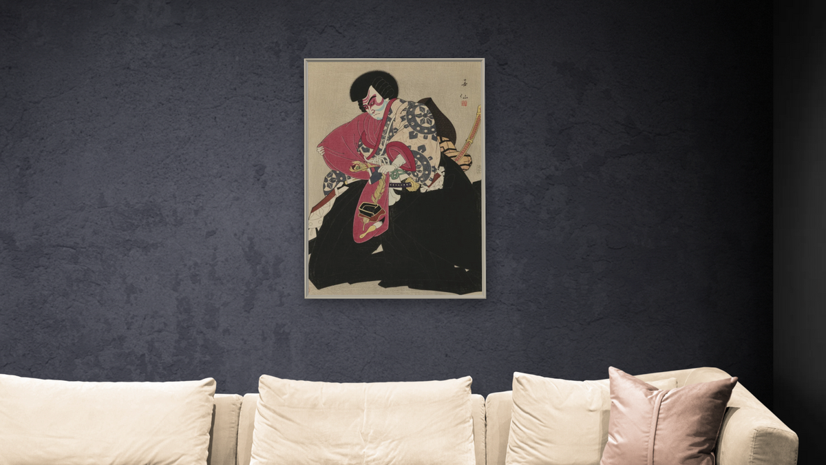 Kataoka Ichizo as Benkei by Natori Shunsen, shown at 28 × 42 in (71.1 × 106.7 cm) on canvas in Ramino Opaque White, living