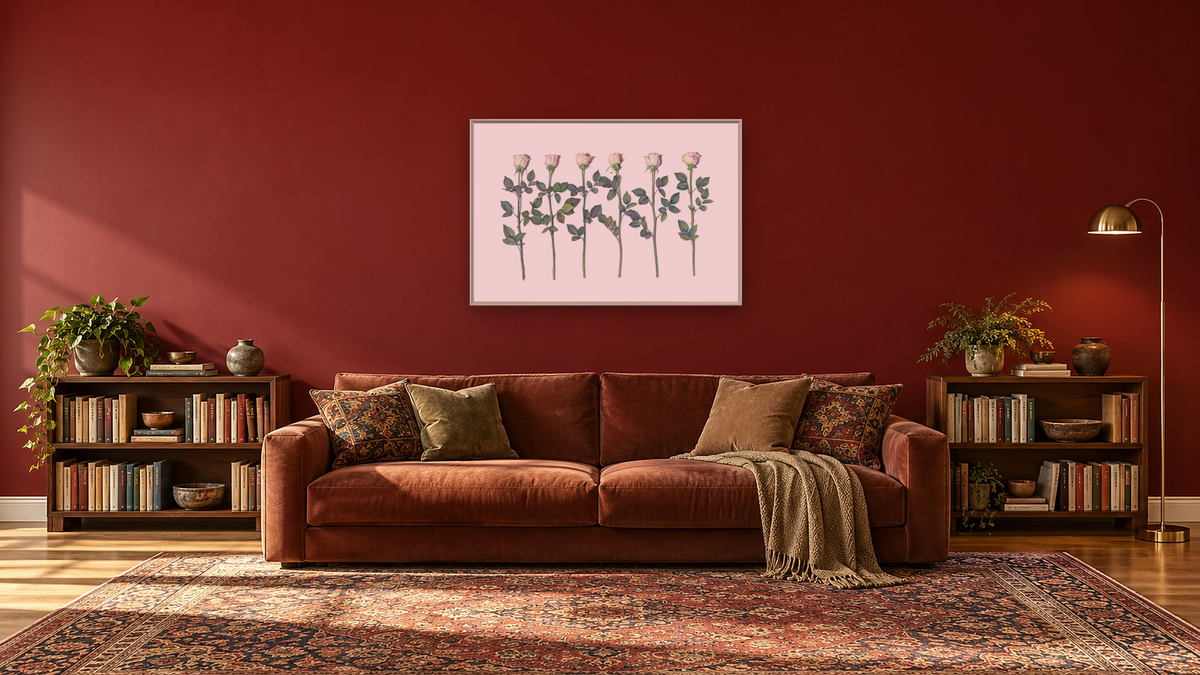 Six Roses by Kirsten Söderlind, shown at 28 × 42 in (71.1 × 106.7 cm) on canvas in Ramino Opaque White, library