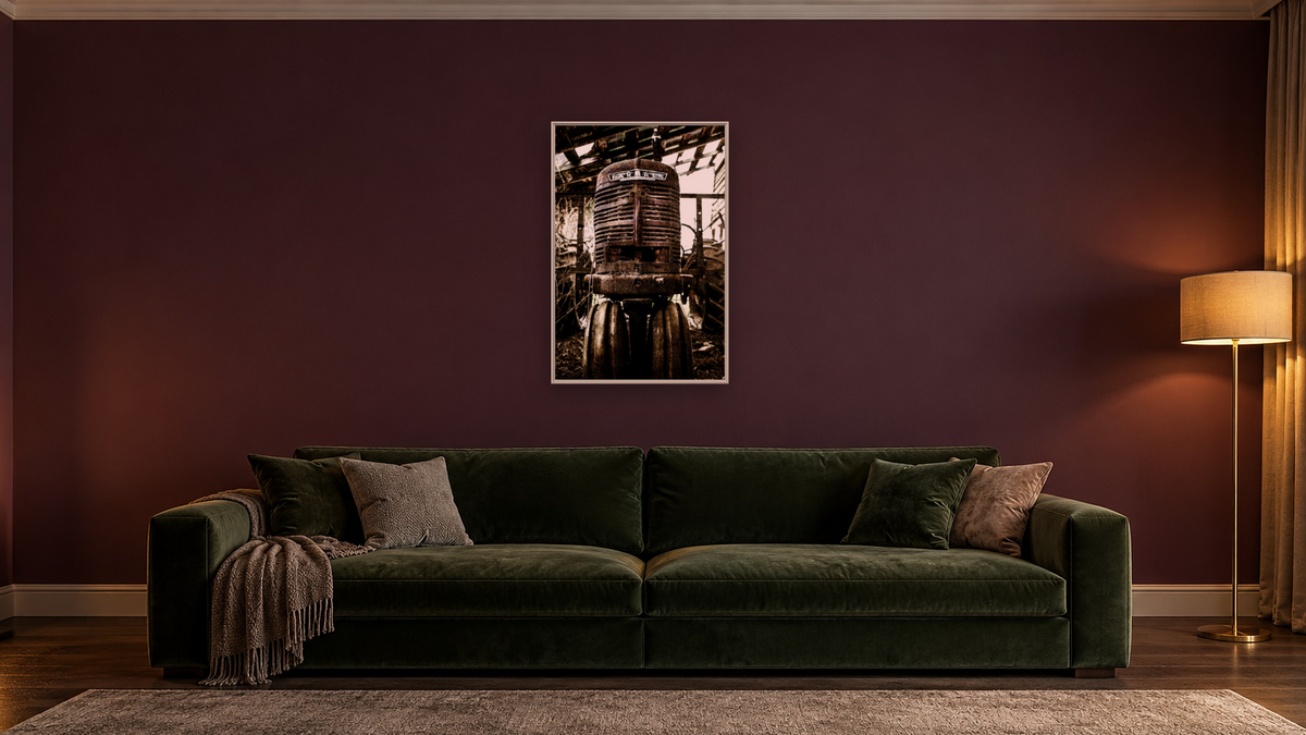 Farm ALL III by Brandon Luther, shown at 28 × 42 in (71.1 × 106.7 cm) on canvas in Ramino Opaque White, den