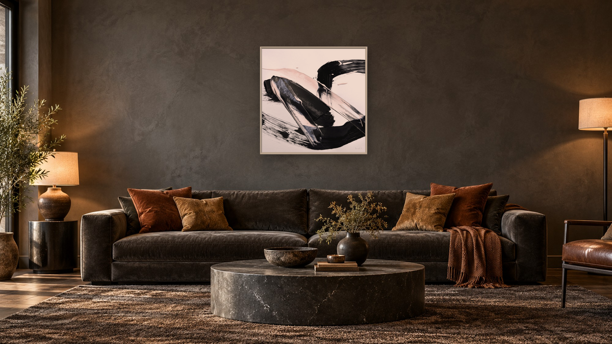 Peach Black Blast by Dan Hobday, shown at 32 × 32 in (81.3 × 81.3 cm) on canvas in Ramino Opaque White, den