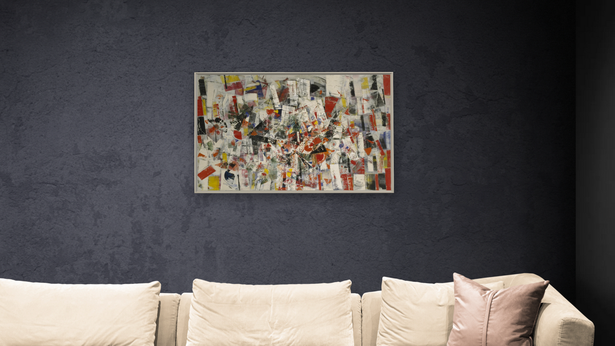 Composition (Composizione), shown at 28 × 42 in (71.1 × 106.7 cm) on canvas in Ramino Opaque White, living