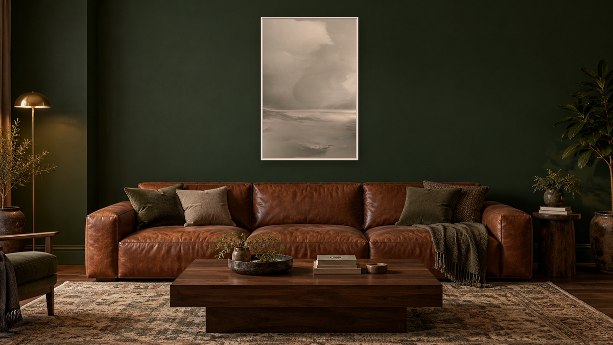 After The Storm 1 by Dan Hobday, shown at 28 × 42 in (71.1 × 106.7 cm) on canvas in Ramino Opaque White, den