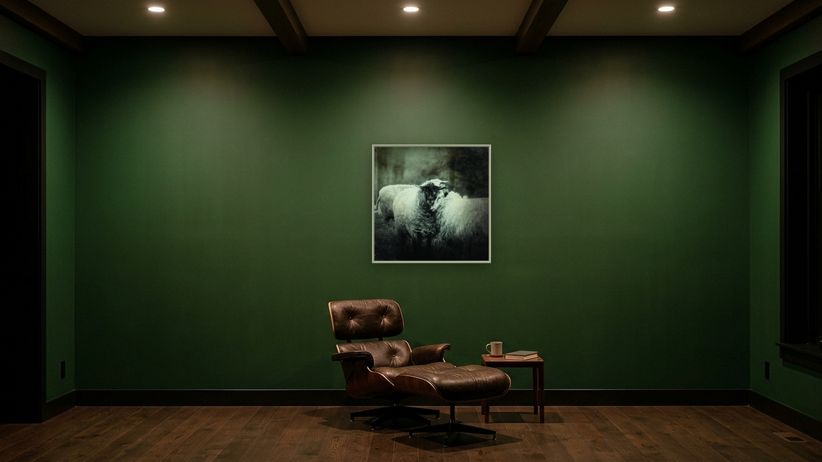 Delilah.v2 by Brandon Luther, shown at 32 × 32 in (81.3 × 81.3 cm) on canvas in Ramino Opaque White, den