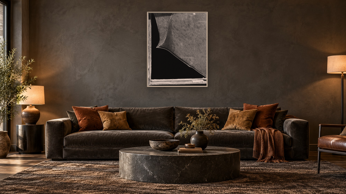 Broken Window Study #4 by Gordon Osmundson, shown at 32 × 40 in (81.3 × 101.6 cm) on canvas in Ramino Opaque White, den