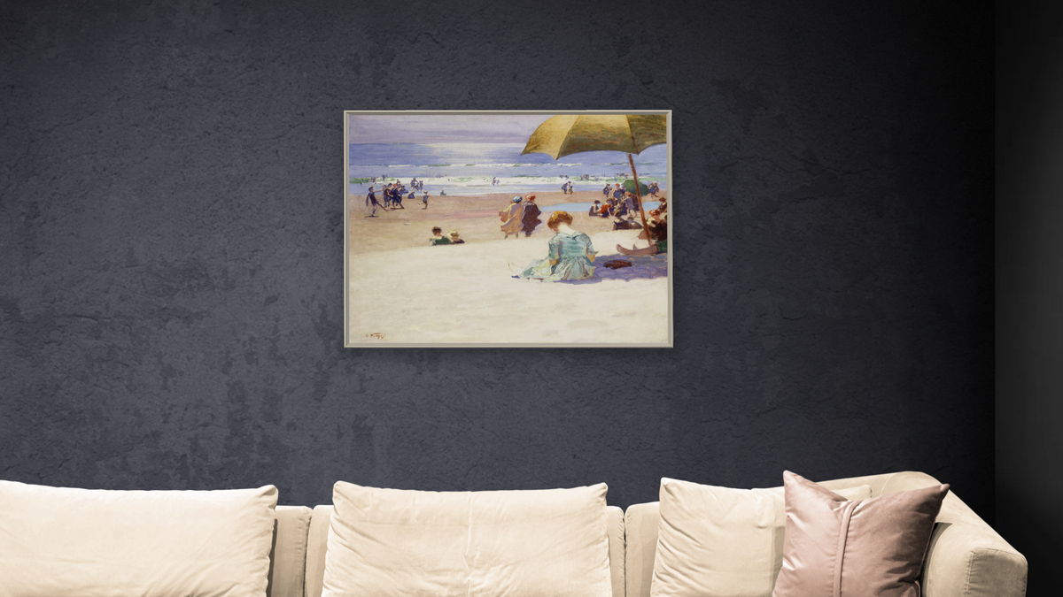 Hourtide by Edward Henry Potthast, shown at 32 × 40 in (81.3 × 101.6 cm) on canvas in Ramino Opaque White, living