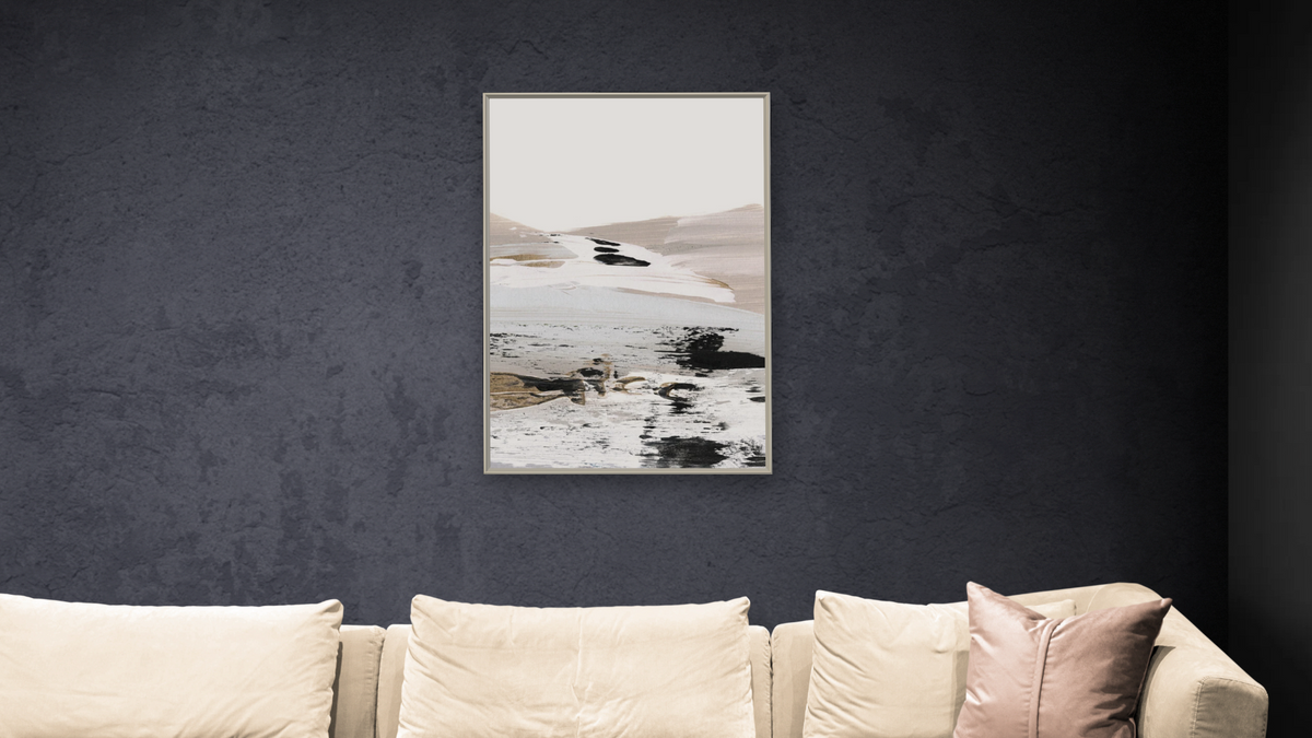 Dune 3 by Dan Hobday, shown at 28 × 42 in (71.1 × 106.7 cm) on canvas in Ramino Opaque White, living