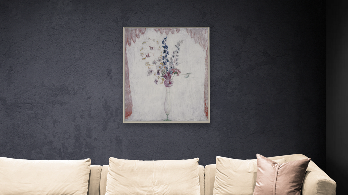 Delphinums and Columbine by Florine Stettheimer, shown at 32 × 40 in (81.3 × 101.6 cm) on canvas in Ramino Opaque White, living
