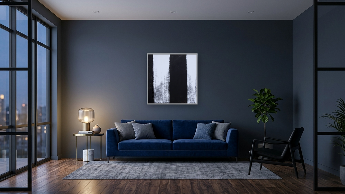 Black and White 4 by Tayt Modern, shown at 32 × 32 in (81.3 × 81.3 cm) on canvas in Ramino Opaque White, den