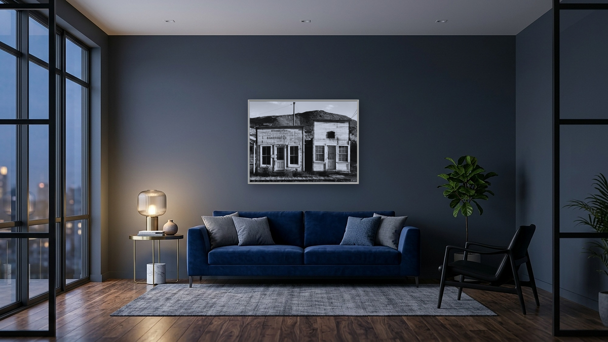 False Fronts by Gordon Osmundson, shown at 30 × 40 in (76.2 × 101.6 cm) on canvas in Ramino Opaque White, den