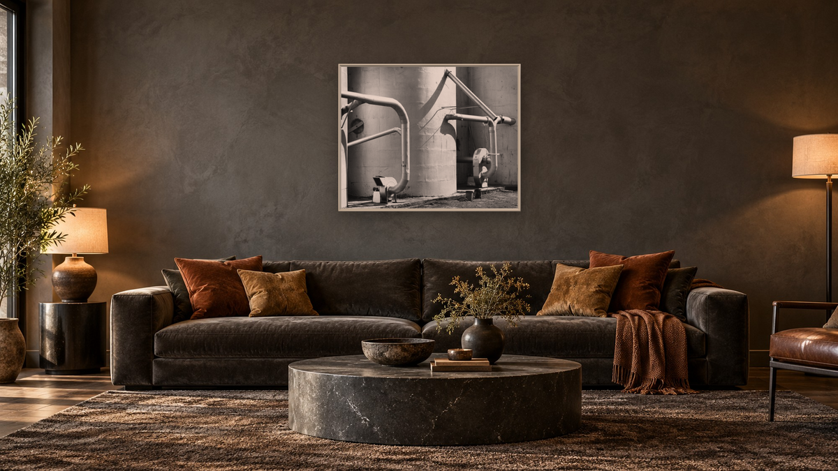 Arbuckle Warehouse #7 by Gordon Osmundson, shown at 32 × 40 in (81.3 × 101.6 cm) on canvas in Ramino Opaque White, den