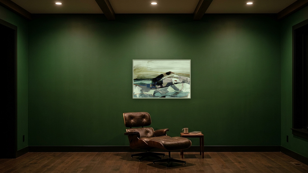 Haytor by Dan Hobday, shown at 28 × 42 in (71.1 × 106.7 cm) on canvas in Ramino Opaque White, den