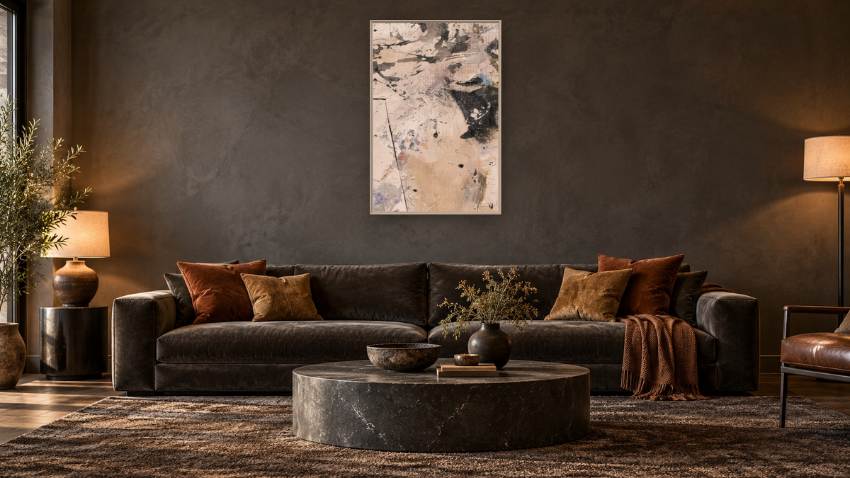 Earth 1 by Dan Hobday, shown at 28 × 42 in (71.1 × 106.7 cm) on canvas in Ramino Opaque White, den