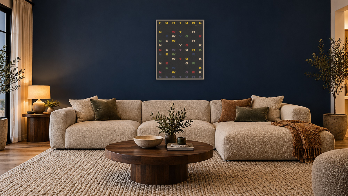 Fortune Magazine Cover by Leo Lionni, shown at 32 × 40 in (81.3 × 101.6 cm) on canvas in Ramino Opaque White, media room