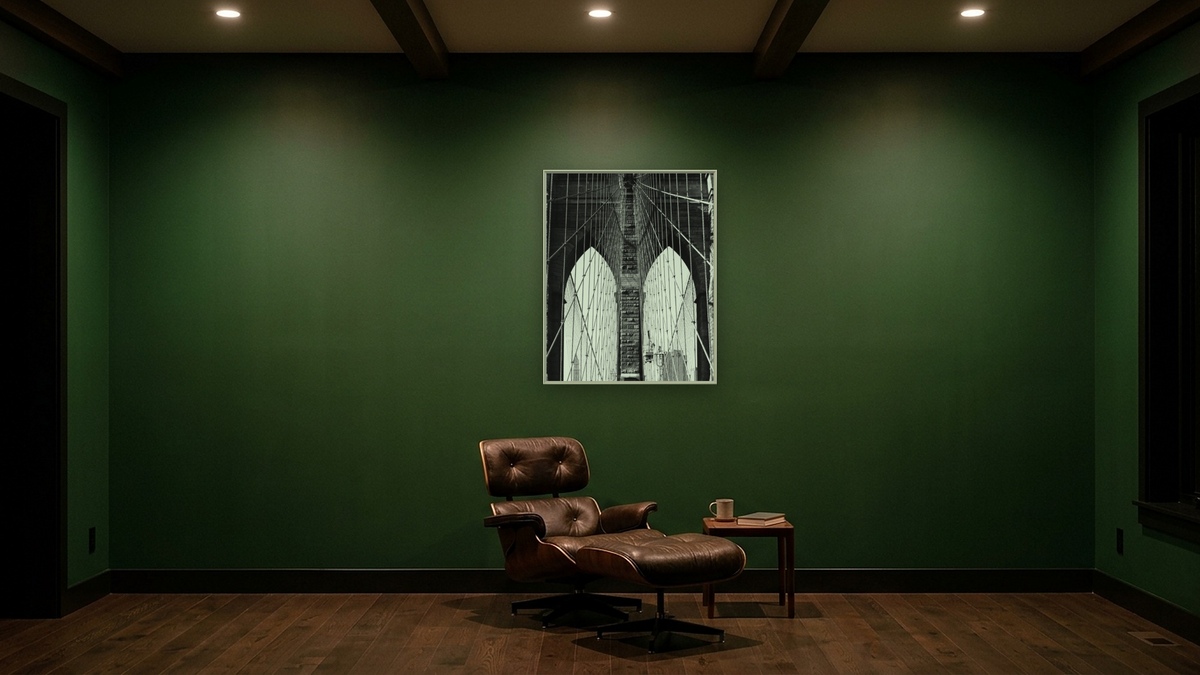 Brooklyn Bridge #4 by Gordon Osmundson, shown at 32 × 40 in (81.3 × 101.6 cm) on canvas in Ramino Opaque White, den