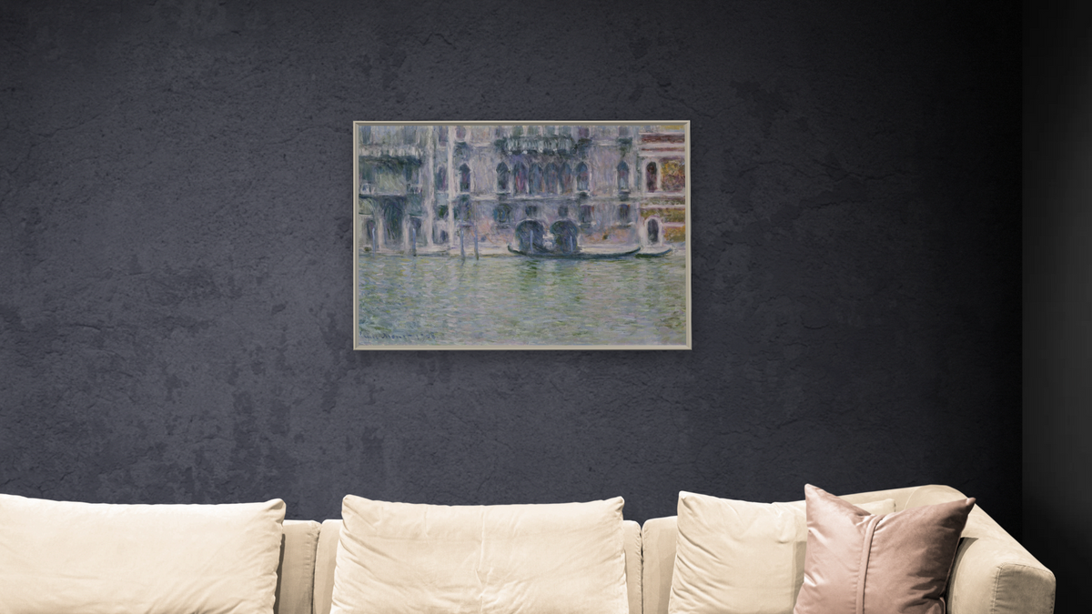 Le Palais da Mula by Claude Monet, shown at 30 × 40 in (76.2 × 101.6 cm) on canvas in Ramino Opaque White, living