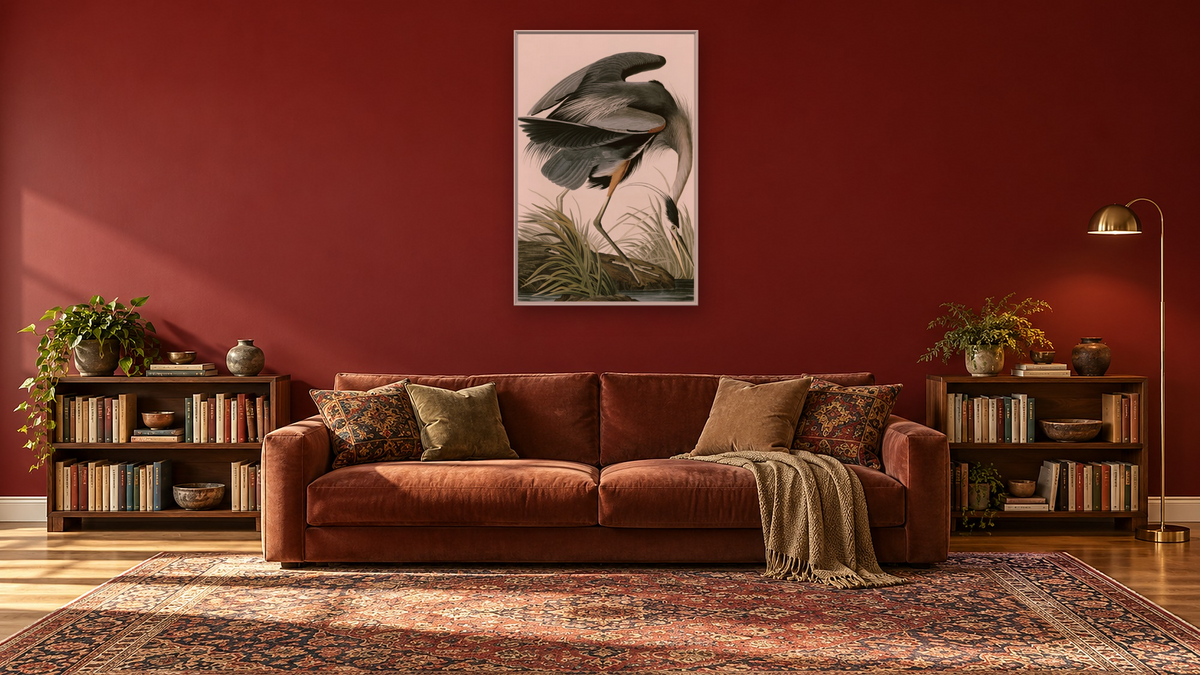 Great Blue Heron by John James Audubon, shown at 28 × 42 in (71.1 × 106.7 cm) on canvas in Ramino Opaque White, library