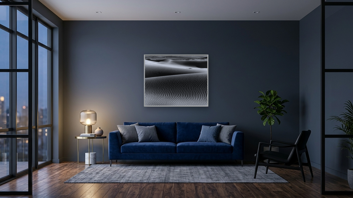 Sand Dune #7 by Gordon Osmundson, shown at 32 × 40 in (81.3 × 101.6 cm) on canvas in Ramino Opaque White, den