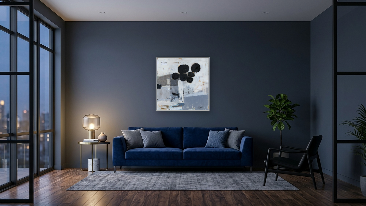White Vase by Louise Gaskill, shown at 32 × 32 in (81.3 × 81.3 cm) on canvas in Ramino Opaque White, den