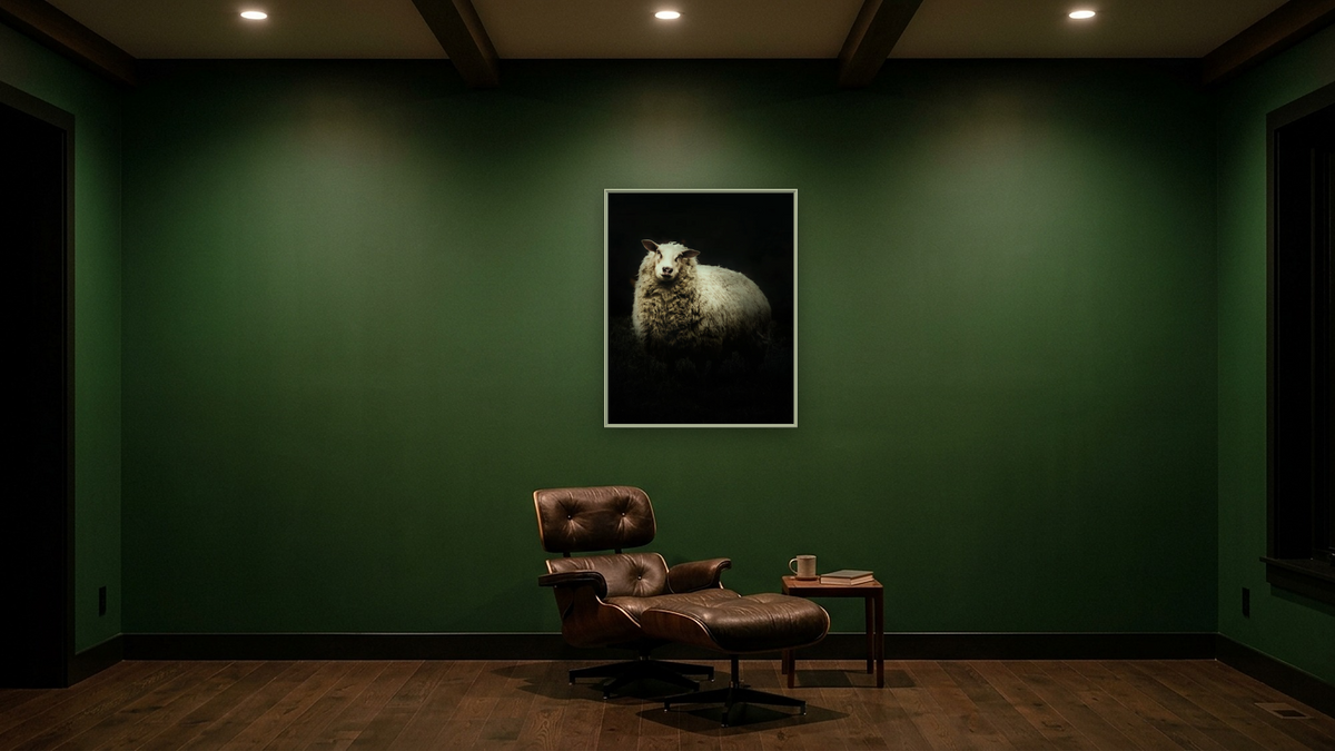 NRBB sheep by Brandon Luther, shown at 32 × 40 in (81.3 × 101.6 cm) on canvas in Ramino Opaque White, den