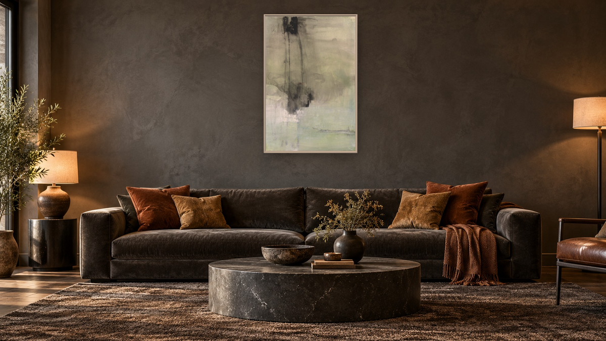 No. 230 by Michelle Oppenheimer, shown at 28 × 42 in (71.1 × 106.7 cm) on canvas in Ramino Opaque White, den
