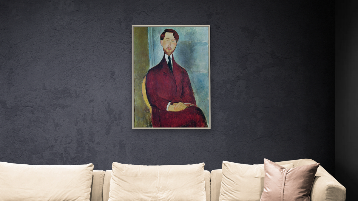 Léopold Zborowski by Amedeo Modigliani, shown at 28 × 42 in (71.1 × 106.7 cm) on canvas in Ramino Opaque White, living