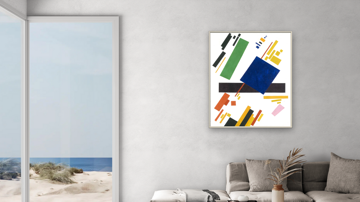 Suprematist Composition by Kazimir Malevich, shown at 32 × 40 in (81.3 × 101.6 cm) on canvas in Ramino Opaque White, living
