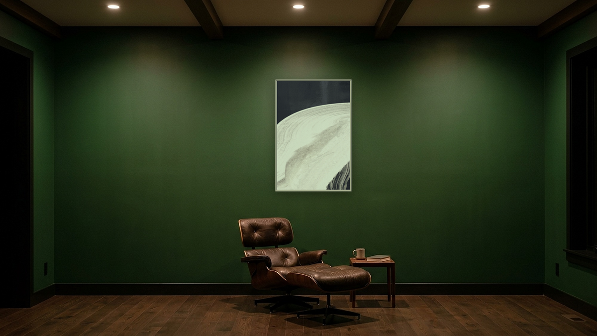 Lux 1 by Dan Hobday, shown at 28 × 42 in (71.1 × 106.7 cm) on canvas in Ramino Opaque White, den