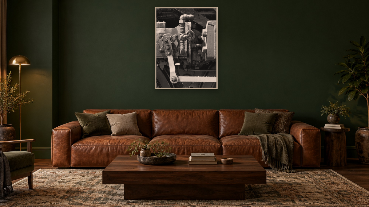 Mechanical Lubricator, AT&SF #3751 from the Railroad Series by Gordon Osmundson, shown at 30 × 40 in (76.2 × 101.6 cm) on canvas in Ramino Opaque White, den