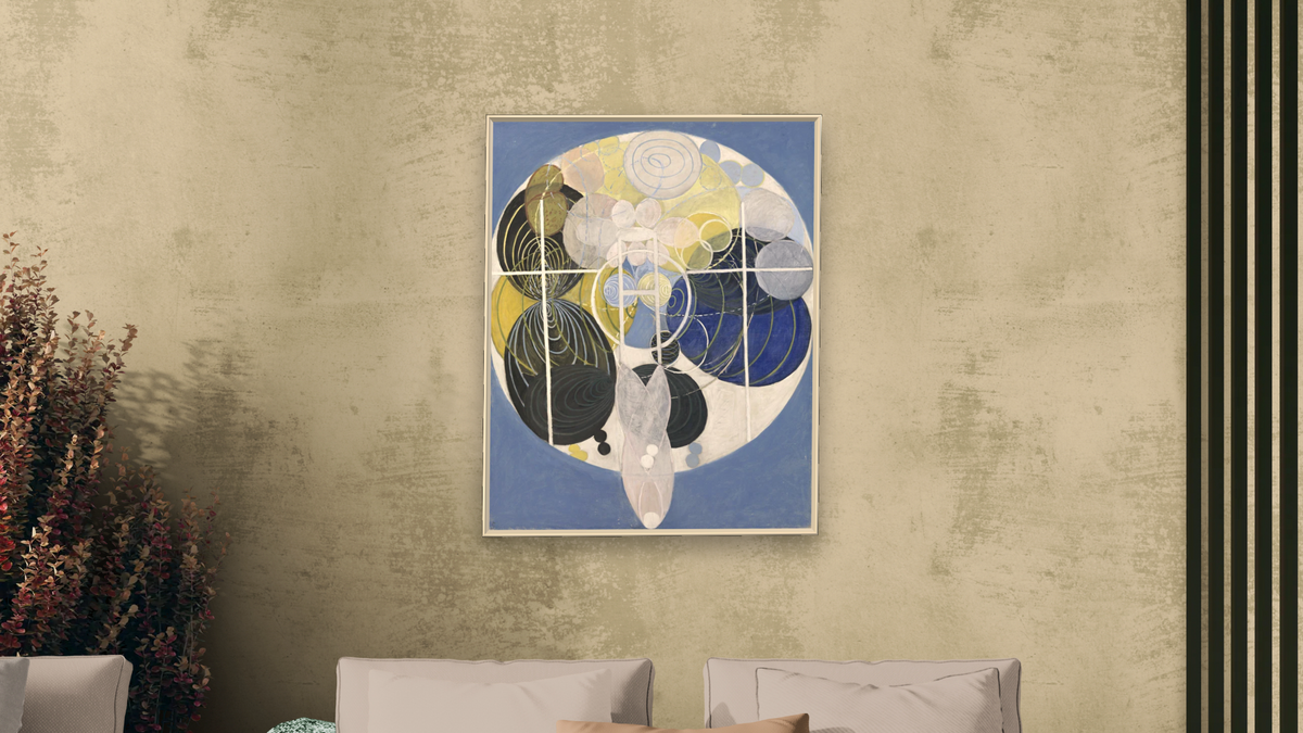 The Large Figure Paintings, No. 5, The Key to All Works to Date, Group III, The WU/Rosen Series by Hilma af Klint, shown at 32 × 40 in (81.3 × 101.6 cm) on canvas in Ramino Opaque White, living