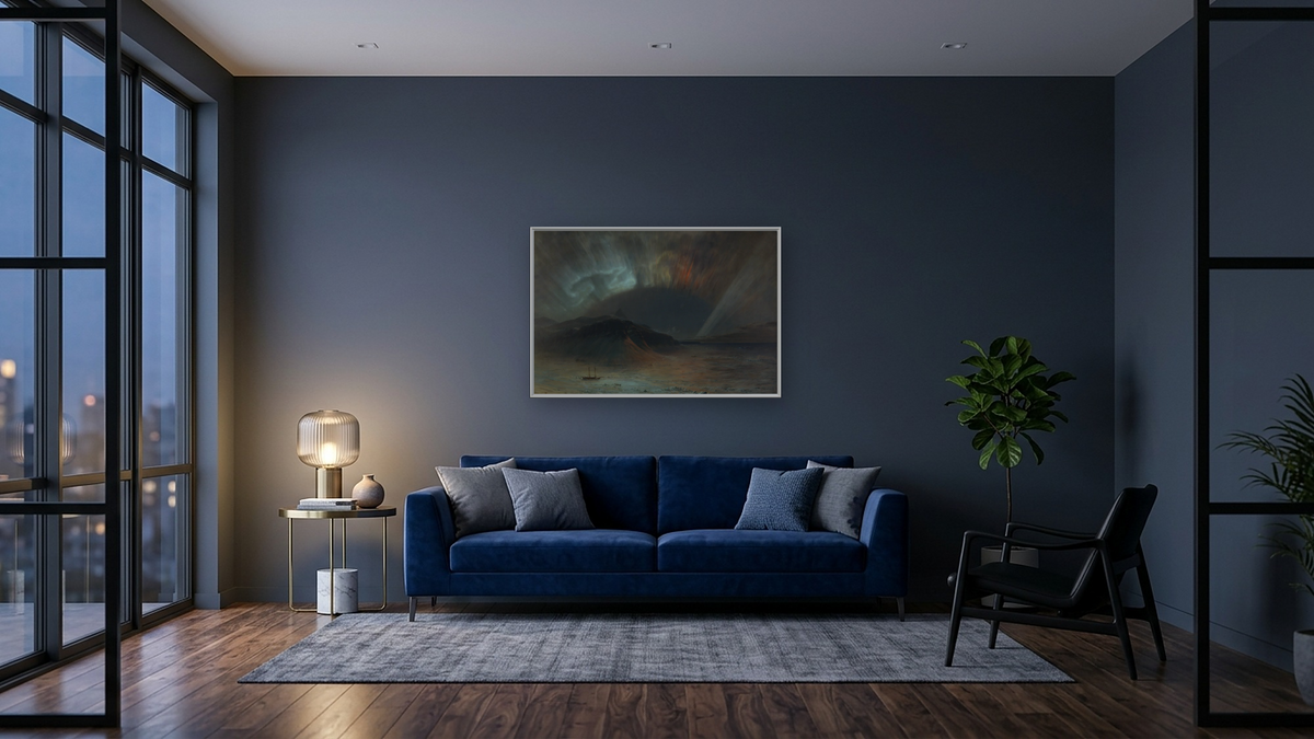 Aurora Borealis by Frederic Edwin Church, shown at 28 × 42 in (71.1 × 106.7 cm) on canvas in Ramino Opaque White, den