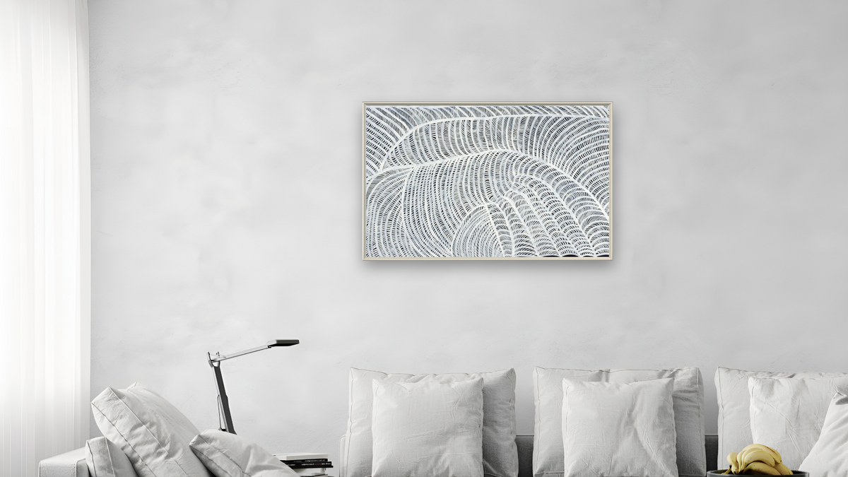 Awelye by Gloria Tamerre Petyarr, shown at 28 × 42 in (71.1 × 106.7 cm) on canvas in Ramino Opaque White, living