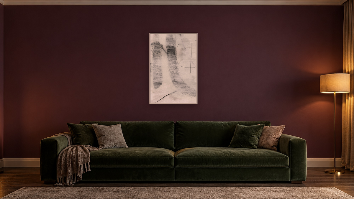 Real 1 by Dan Hobday, shown at 28 × 42 in (71.1 × 106.7 cm) on canvas in Ramino Opaque White, den