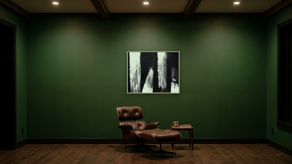 Black and White 7, shown at 32 × 40 in (81.3 × 101.6 cm) on canvas in Ramino Opaque White, den