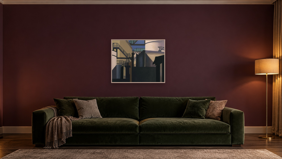 Western Industrial by Charles Sheeler, shown at 32 × 40 in (81.3 × 101.6 cm) on canvas in Ramino Opaque White, den