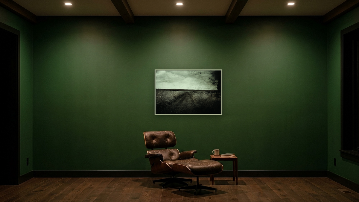 Path by Brandon Luther, shown at 28 × 42 in (71.1 × 106.7 cm) on canvas in Ramino Opaque White, den
