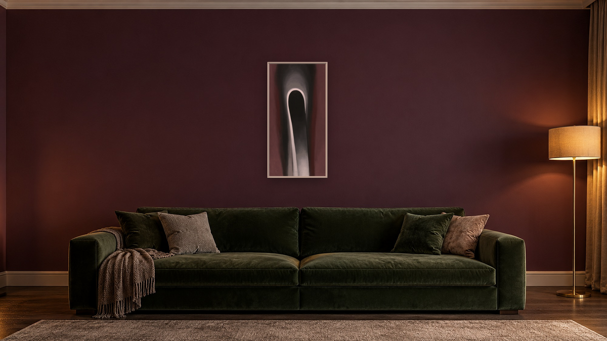 Jack-in-the-Pulpit No. VI by Georgia O'Keeffe, shown at 20 × 40 in (50.8 × 101.6 cm) on canvas in Ramino Opaque White, den
