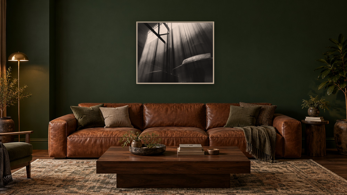 Light Falls #3 from the Nevada Northern Series by Gordon Osmundson, shown at 32 × 40 in (81.3 × 101.6 cm) on canvas in Ramino Opaque White, den
