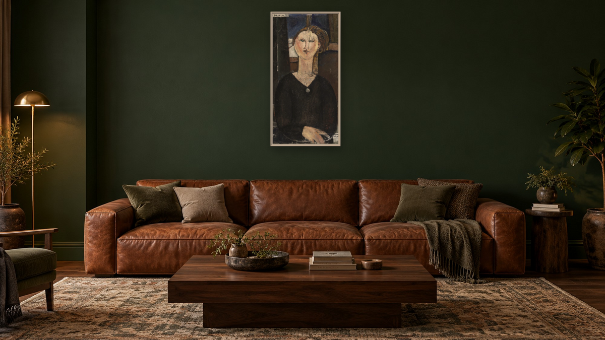 Antonia by Amedeo Modigliani, shown at 20 × 40 in (50.8 × 101.6 cm) on canvas in Ramino Opaque White, den