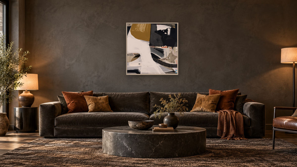Bristol by Dan Hobday, shown at 32 × 32 in (81.3 × 81.3 cm) on canvas in Ramino Opaque White, den