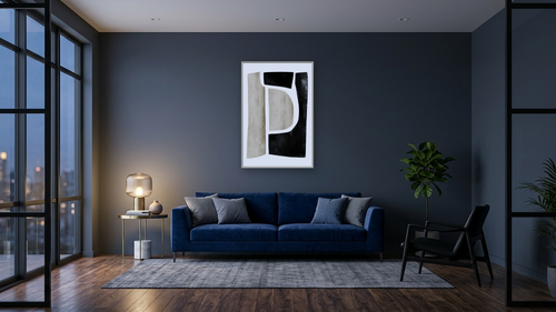 Abstract View 1 by Dan Hobday, shown at 28 × 42 in (71.1 × 106.7 cm) on canvas in Ramino Opaque White, den [arteriel-render:v6:room_a:28x42@50,37]