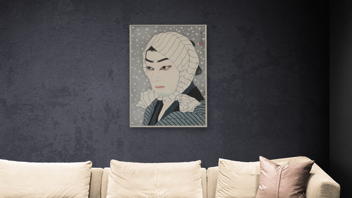 Ichimura Uzayemon as Naoji by Natori Shunsen, shown at 28 × 42 in (71.1 × 106.7 cm) on canvas in Ramino Opaque White, living