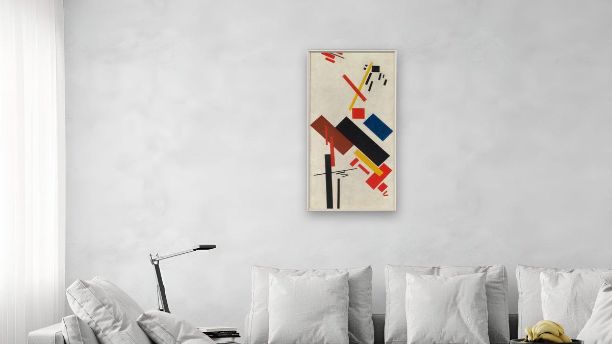 Stroyuschiysya dom (House under construction) by Kazimir Malevich, shown at 20 × 40 in (50.8 × 101.6 cm) on canvas in Ramino Opaque White, living